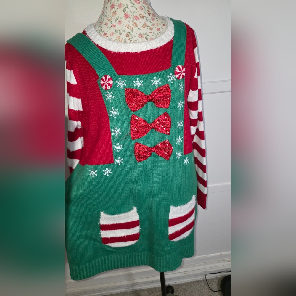 It's Our Time Green and Red Crew Neck Sweater Festive Design